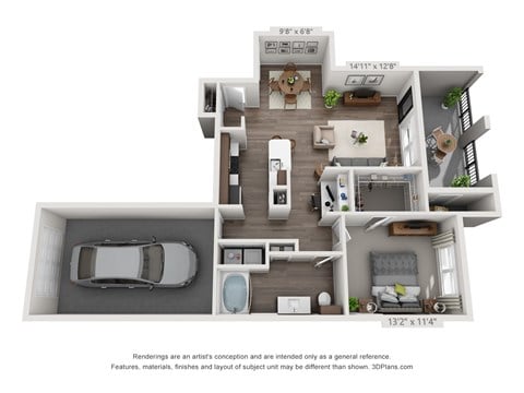 Floor plan for 1 bed, 1 bath, 821 sqft